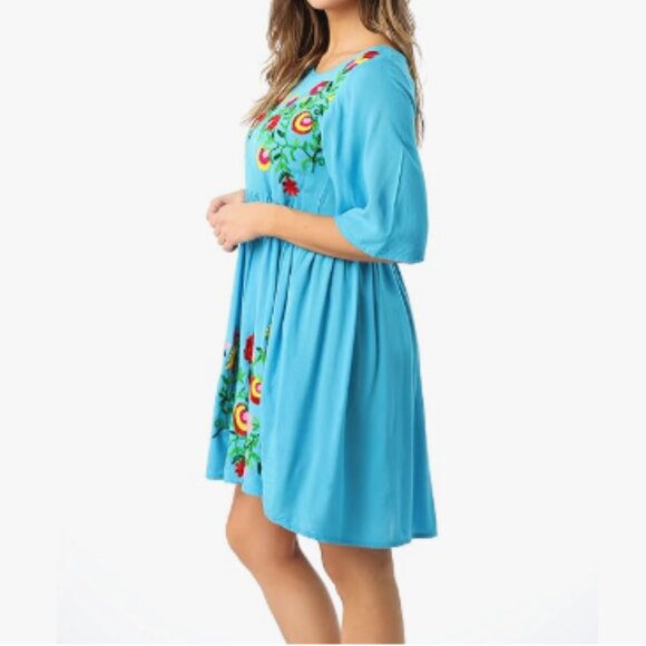 Riviera Sun Dress Women's Medium‎ Turquoise Multicolored Embroidery Short - Picture 2 of 11